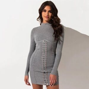 Hera Collection Grey Ribbed Body-con High Neck Y2K 90s Knit Stretchy Dress S